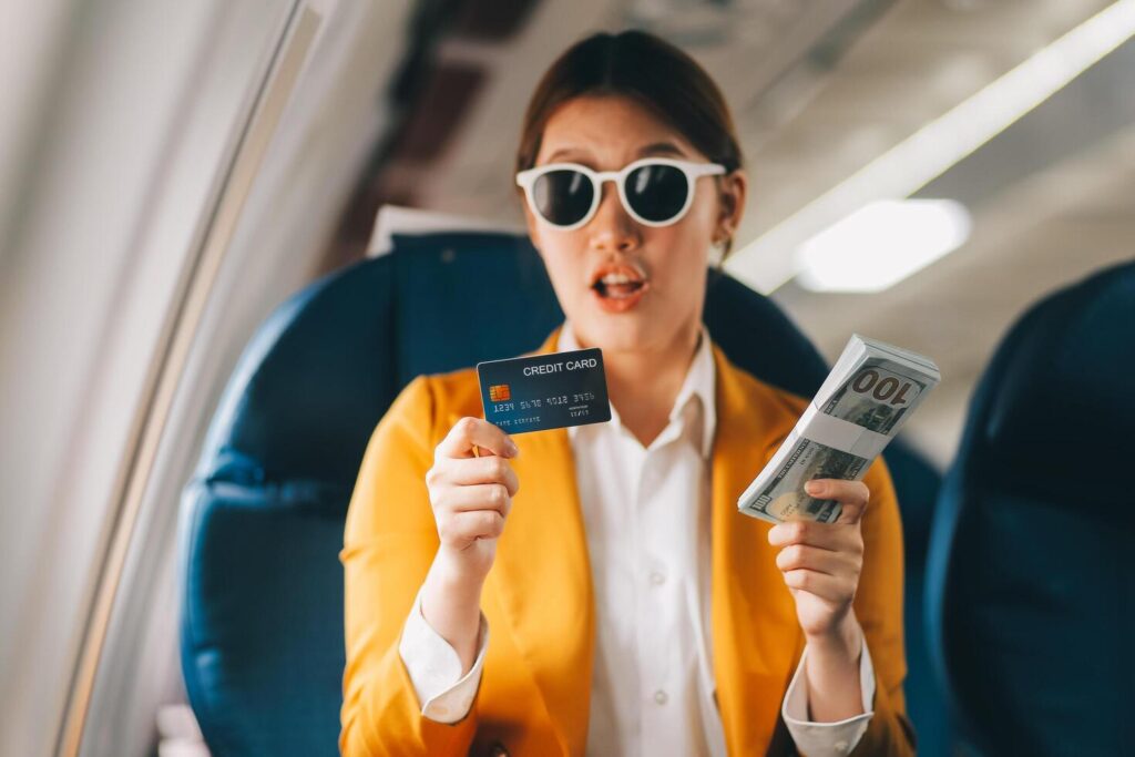 a young asian woman seated as an airplane passenger contemplates dollar bills reflecting on lucrative opportunities and aspirations towards billionaire status free photo