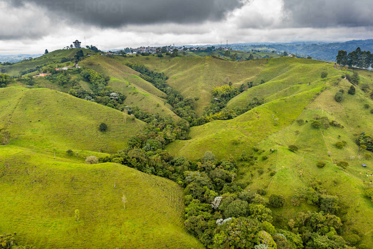 aerial of filandia unesco world heritage site coffee cultural landscape quindio colombia south america RHPLF22392